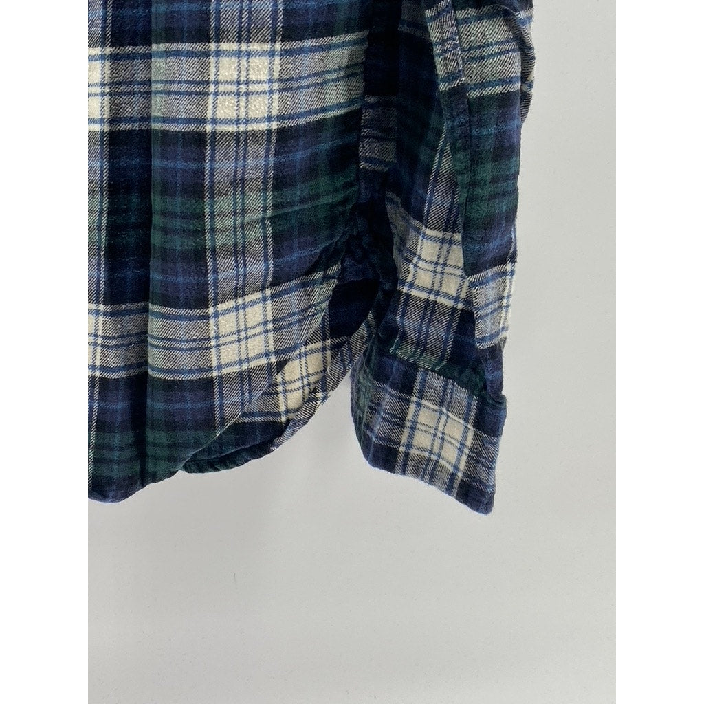 GAP Men's Blue-Green Plaid Button-Up Regular-Fit Long Sleeve Flannel Shirt SZ M