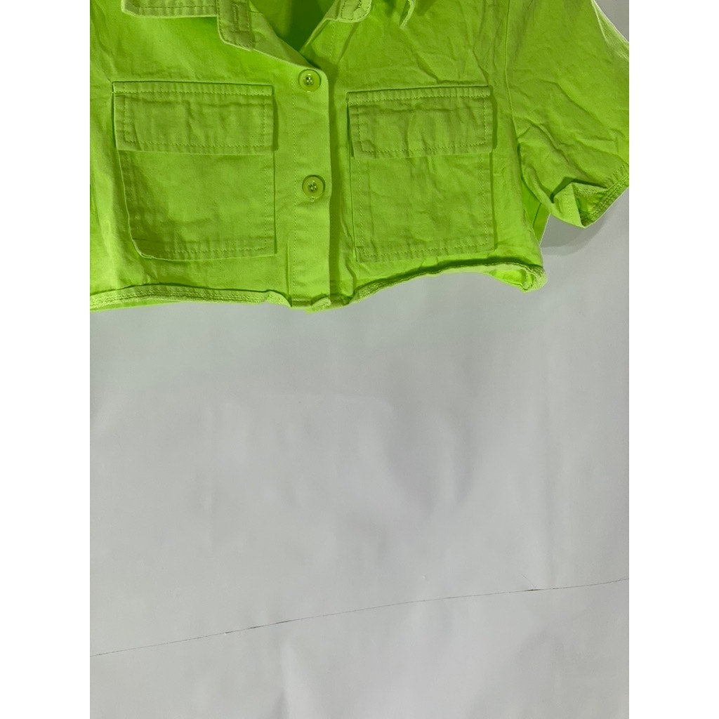 SHEIN Women's Bright Green Denim Cropped Short Sleeve Button-Up Top SZ S