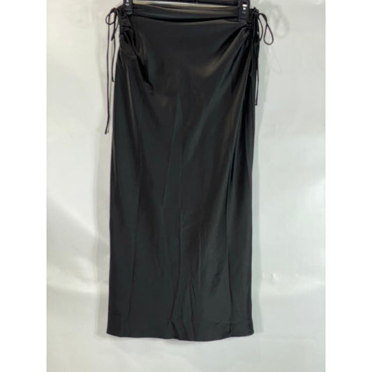 MOTF Women's Black Solid Adjustable Side Ruched Straight Maxi Skirt SZ L