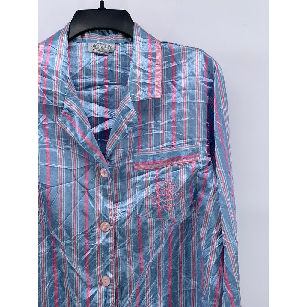 KATHRYN Women's Blue-Pink Striped Lightweight Long Sleeve Button-Up Top SZ S
