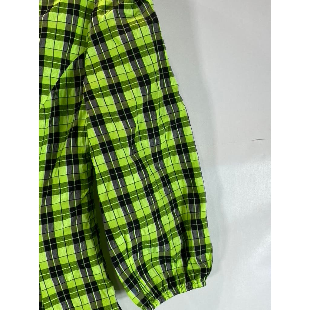 CIDER Women's Black/Green Neon Plaid V-Neck Long Sleeve Mini Dress SZ S(US4)