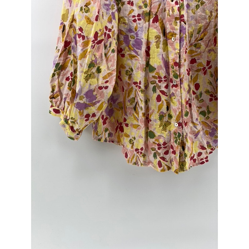 LC LAUREN CONRAD Women's Beige Floral Mock-Neck Button-Up Long Sleeve Top SZ M