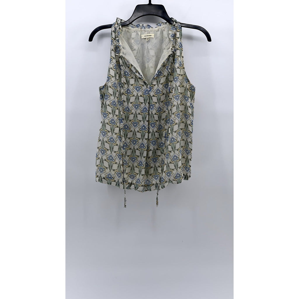 MAX STUDIO Women's White-Blue Floral Ruffle Split-Neck Sleeveless Top SZ XS