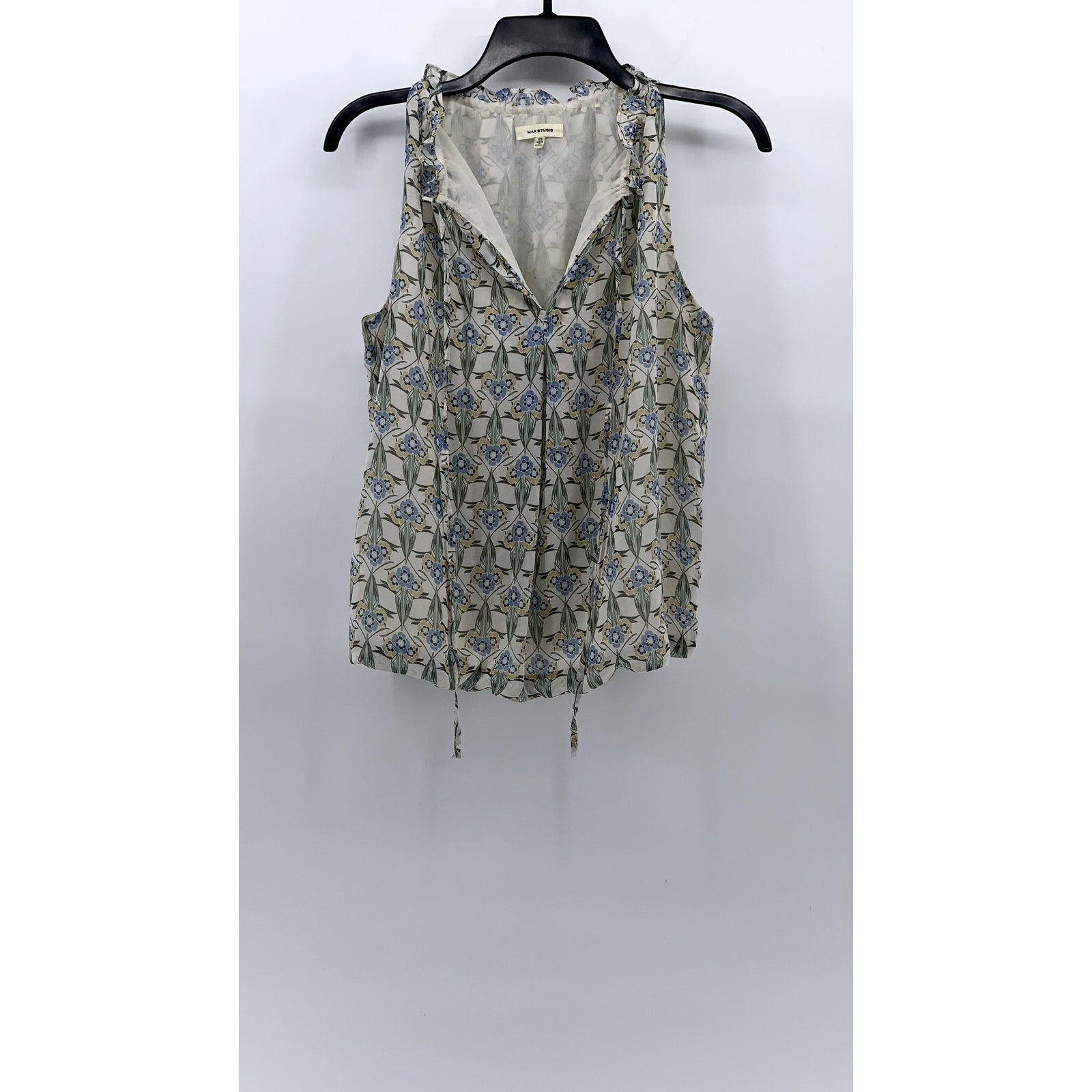 MAX STUDIO Women's White-Blue Floral Ruffle Split-Neck Sleeveless Top SZ XS