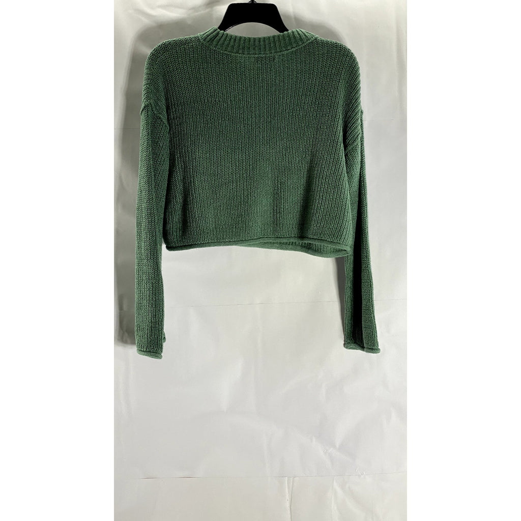 WILD FABLE Women's Dark Green Rib Knit Crewneck Long Sleeve Cropped Sweater SZ M