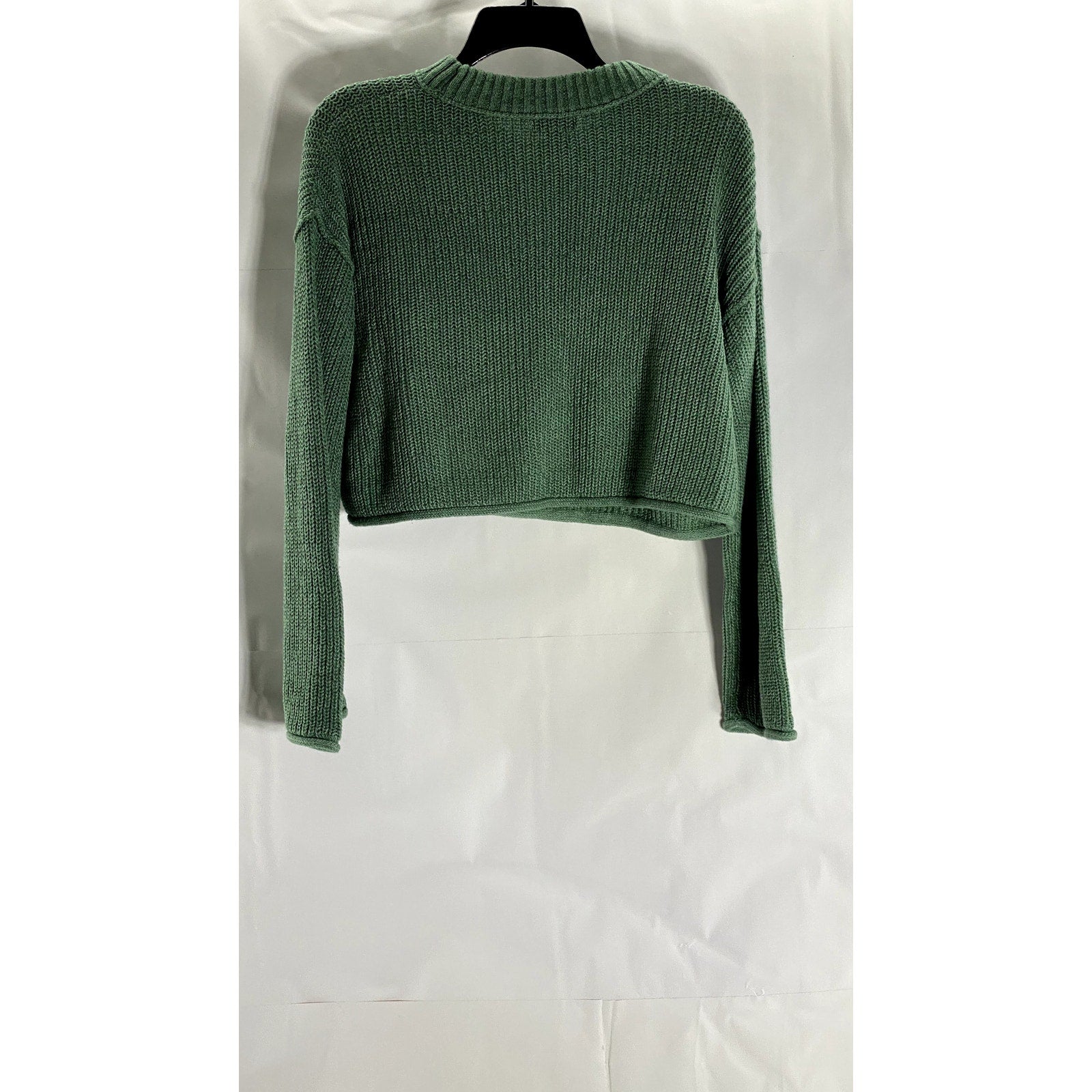 WILD FABLE Women's Dark Green Rib Knit Crewneck Long Sleeve Cropped Sweater SZ M