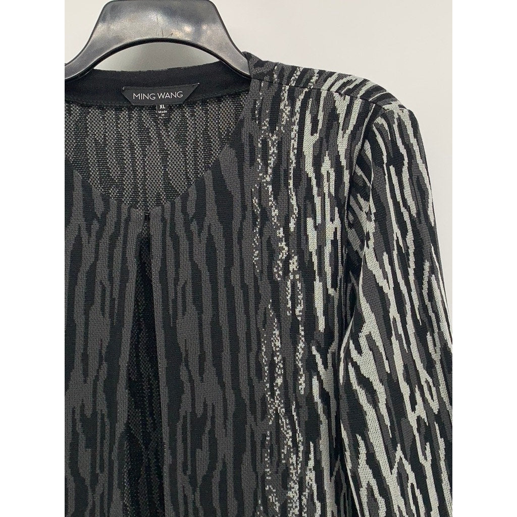 MING WANG Women's Black-Gray Animal Print Open-Front Padded Top SZ XL