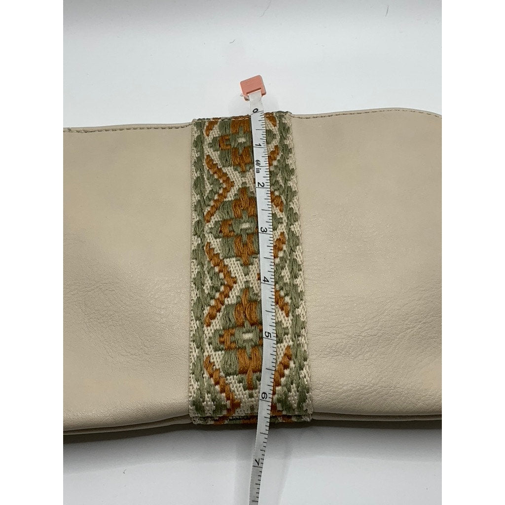 UNBRANDED Women's Beige Faux-Leather Embroidered Geo Center Stripe Wrist Bag