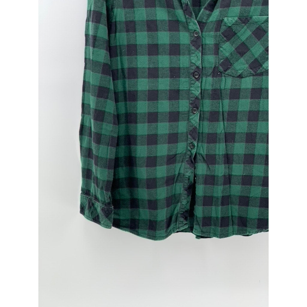 CI SONO Women's Black-Green Plaid Button-up Long Sleeve Regular-Fit Top SZ L