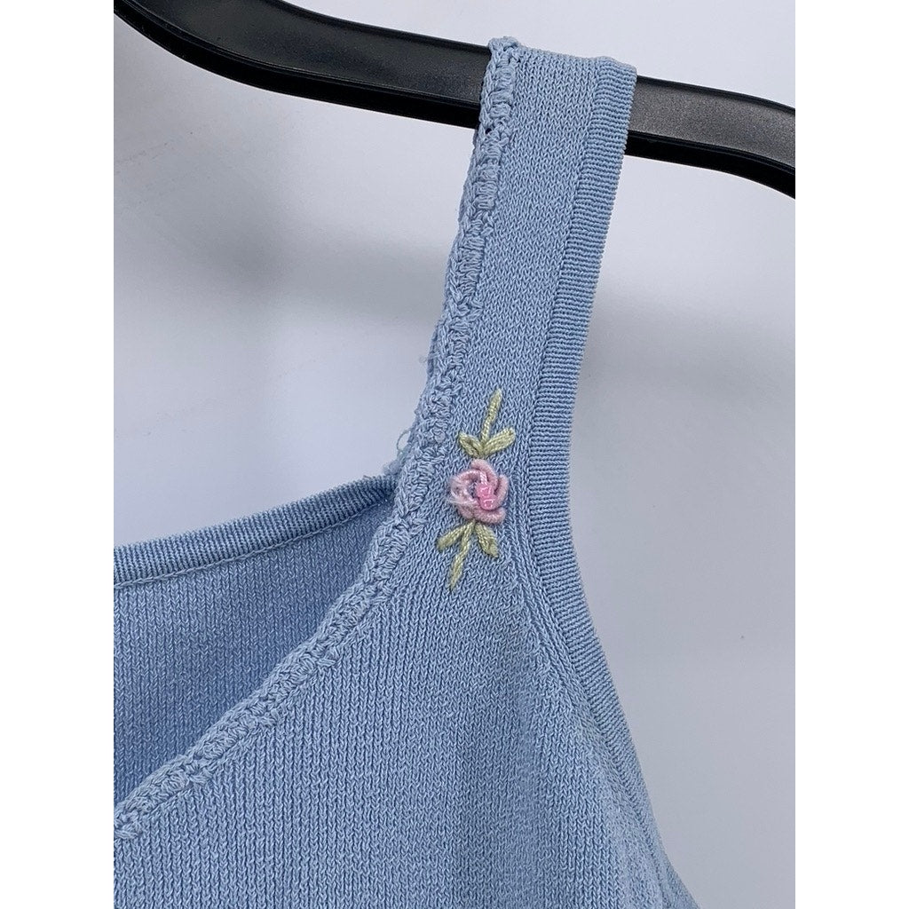 JOSEPH A. Women's Light Blue Scoop-Neck Knit Embroidered Floral Tank Top SZ L