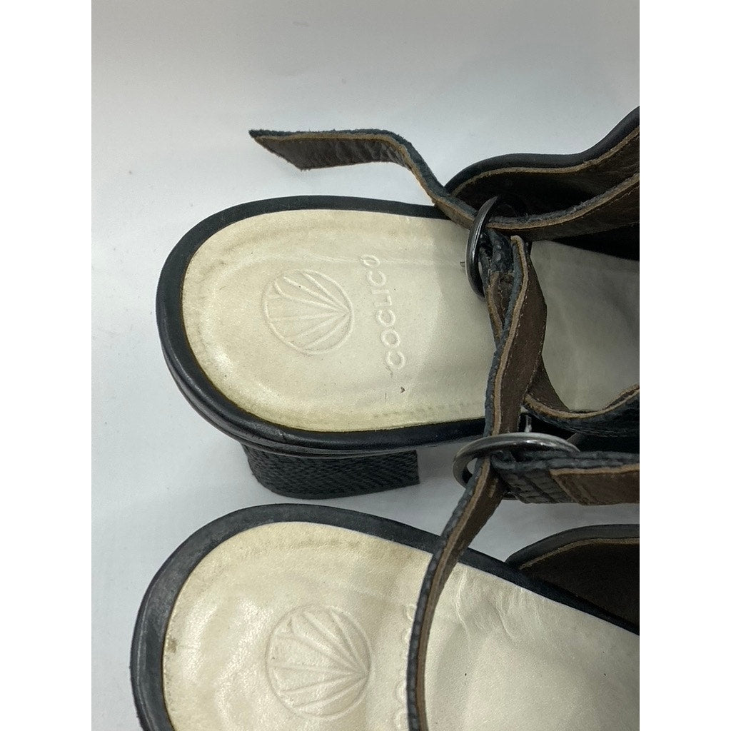 COCLICO Women's Black Leather Square Peep-Toe Heeled Sandals SZ 38.5(US8.5)