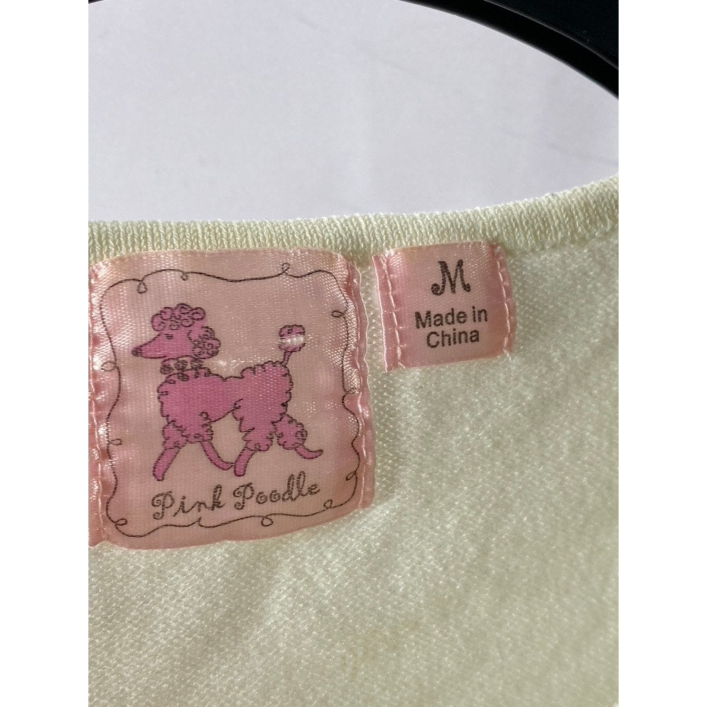 PINK POODLE Women's Cream Embroidered Faux Pearl Embellished 3/4 Sleeve Top SZ M