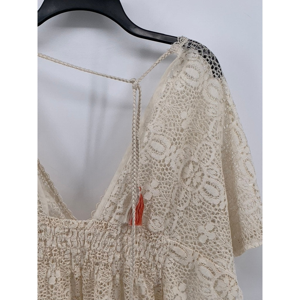 XHILARATION Women's Beige Floral Lace V-Neck Short Sleeve Swim Cover-Up SZ M