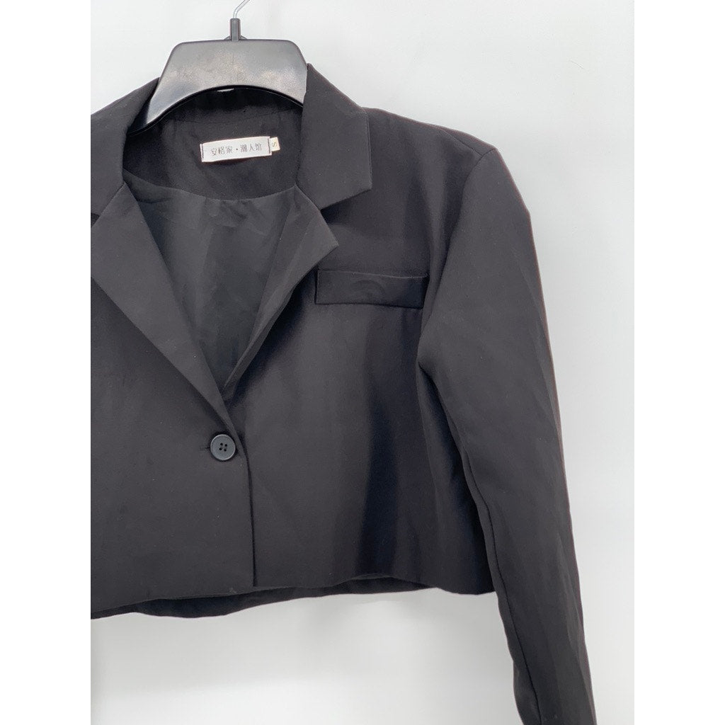 Women's Black Solid Single-Button Notch Collar Long Sleeve Cropped Blazer SZ S