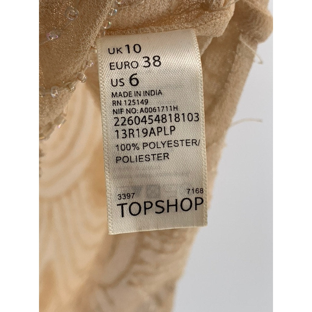 TOPSHOP Women's Beige Beaded Scoop-Neck Sheer Sleeveless Top SZ 6