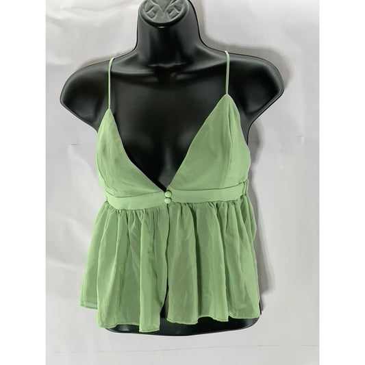 SHEIN Women's Green Two-Button Sheer Ruffle-Hem V-Neck Spaghetti Strap Top SZ L