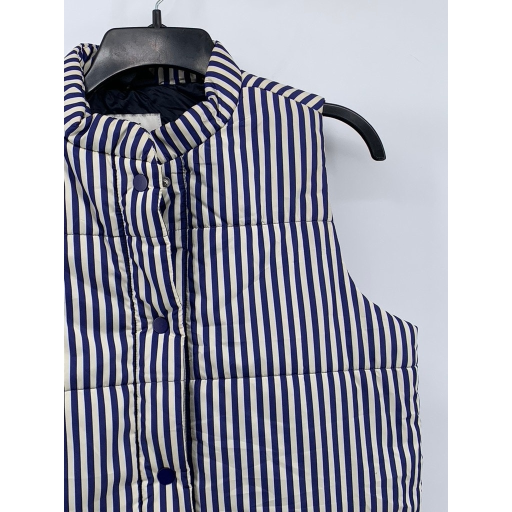FREE ASSEMBLY Women's Blue-White Striped Snap-Button Puffer Quilted Vest SZ S