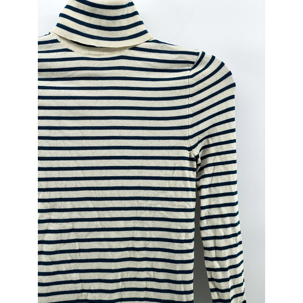ZARA Women's Cream-Teal Blue Striped Knit Long Sleeve Turtleneck Top SZ S