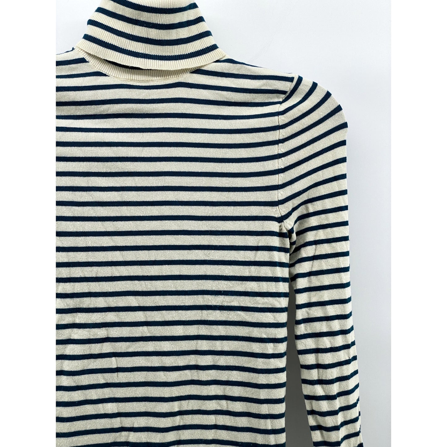 ZARA Women's Cream-Teal Blue Striped Knit Long Sleeve Turtleneck Top SZ S
