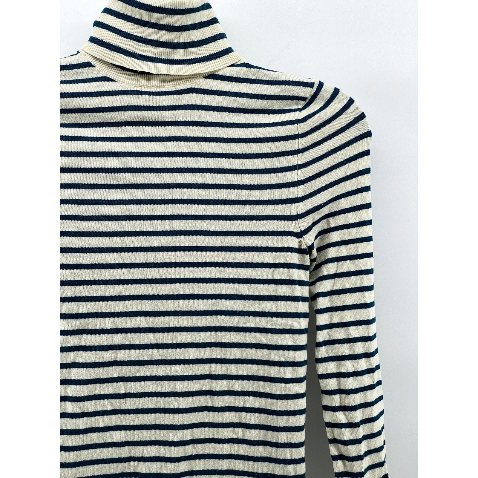 ZARA Women's Cream-Teal Blue Striped Knit Long Sleeve Turtleneck Top SZ S