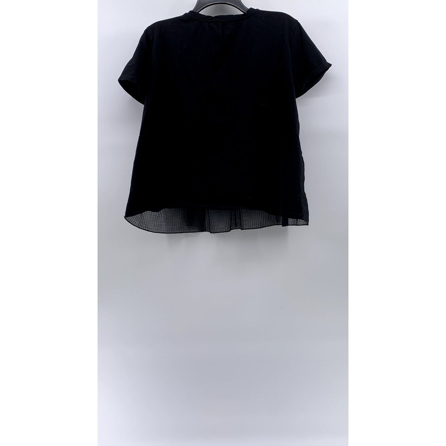 ZARA Women's Black Crewneck Pleated Sheer Hem Short Sleeve Top SZ L