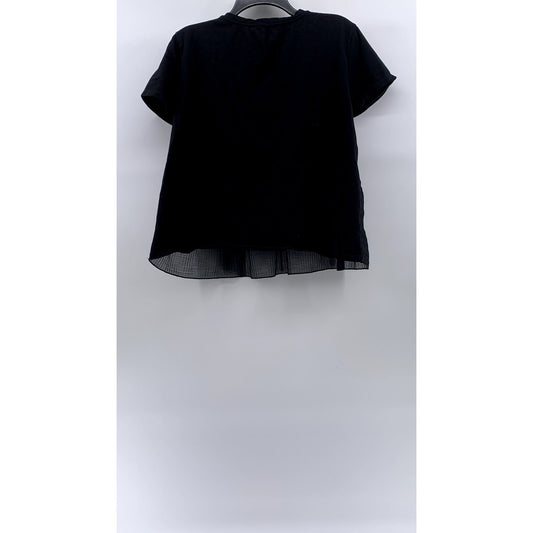 ZARA Women's Black Crewneck Pleated Sheer Hem Short Sleeve Top SZ L