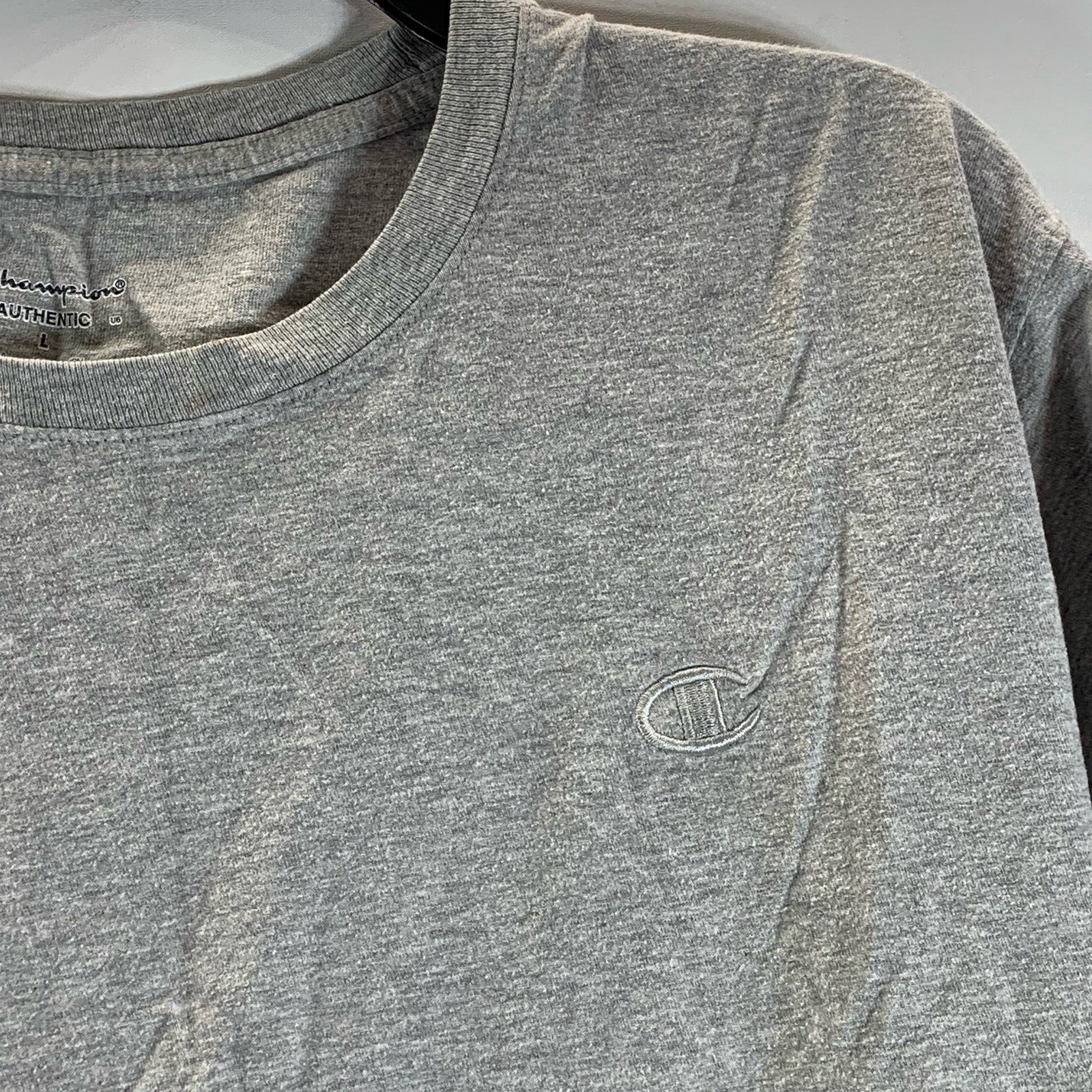 CHAMPION Authentic Men's Gray Solid Crewneck Casual Short Sleeve T-Shirt SZ L
