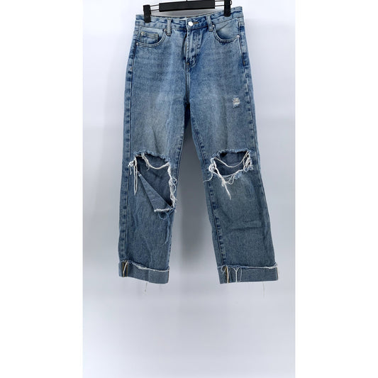 URBAN REVIVO Women's Light Wash Blue Distressed Straight-Leg Cuffed Jeans SZ 6