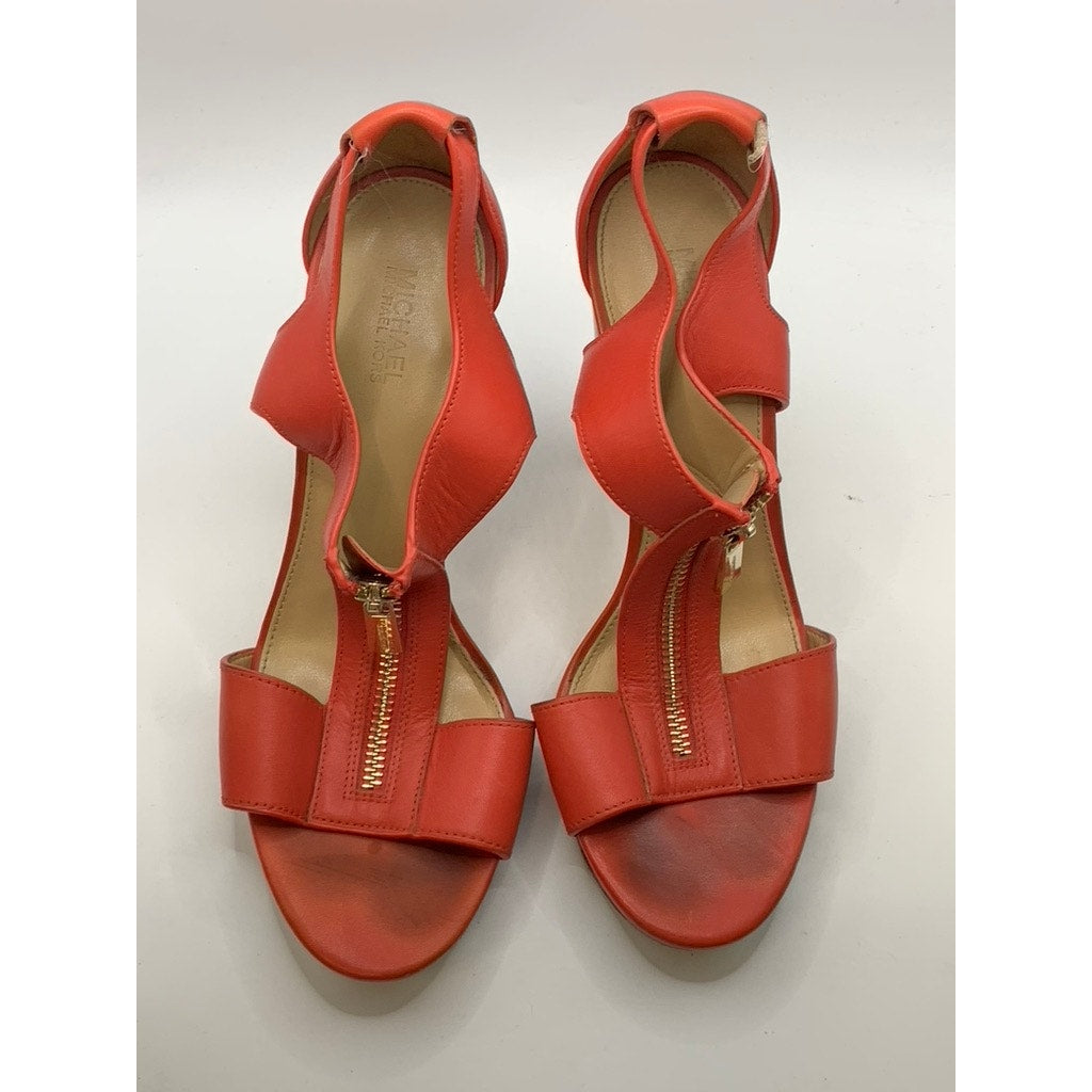 MICHAEL KORS Women's Red Coral Leather Berkley T-Strap Platform Heels SZ 7