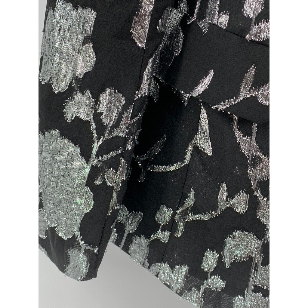 A.PEACH Women's Black-Silver Printed Double-Button Notch Collar Blazer SZ S
