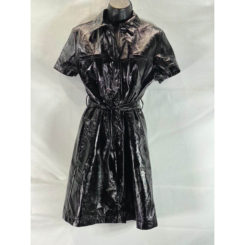 EIGHT PARIS Women's Black Faux-Leather Short-Sleeve Mini Belted Dress SZ M