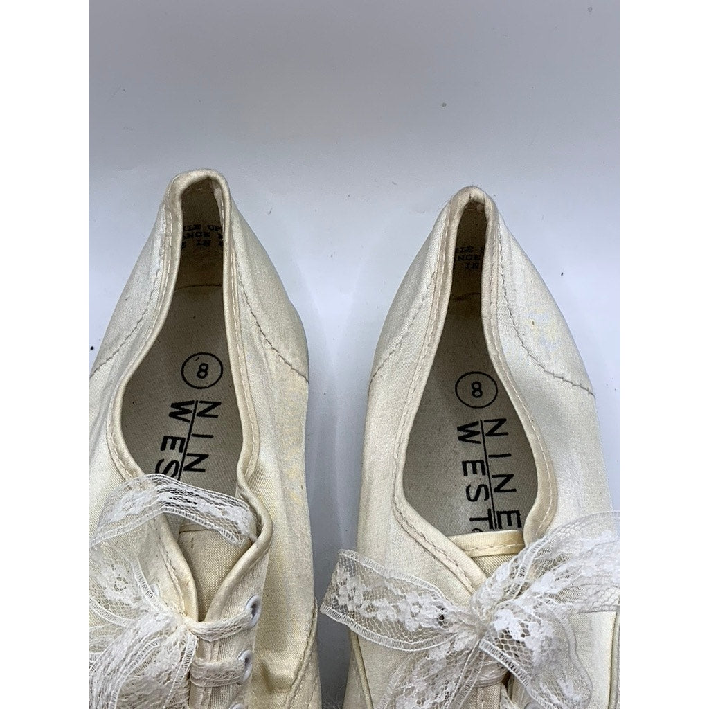 NINE WEST Women's Cream Satin Like Lace Sneakers SZ 8