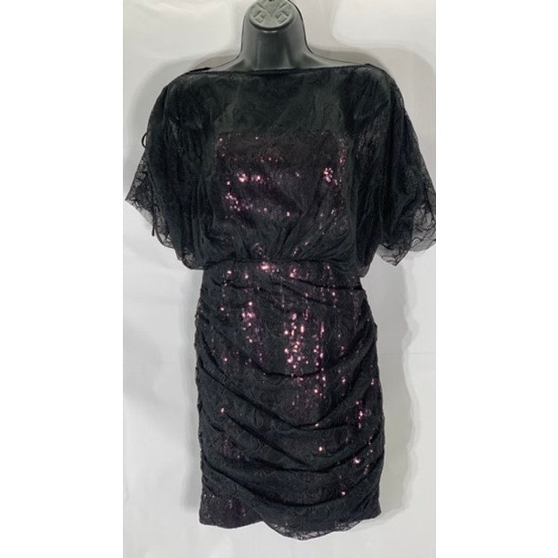 VIVIENNE TAM Women's Black-Purple Sequin Embellished Lace Overlay Mini Dress SZ4