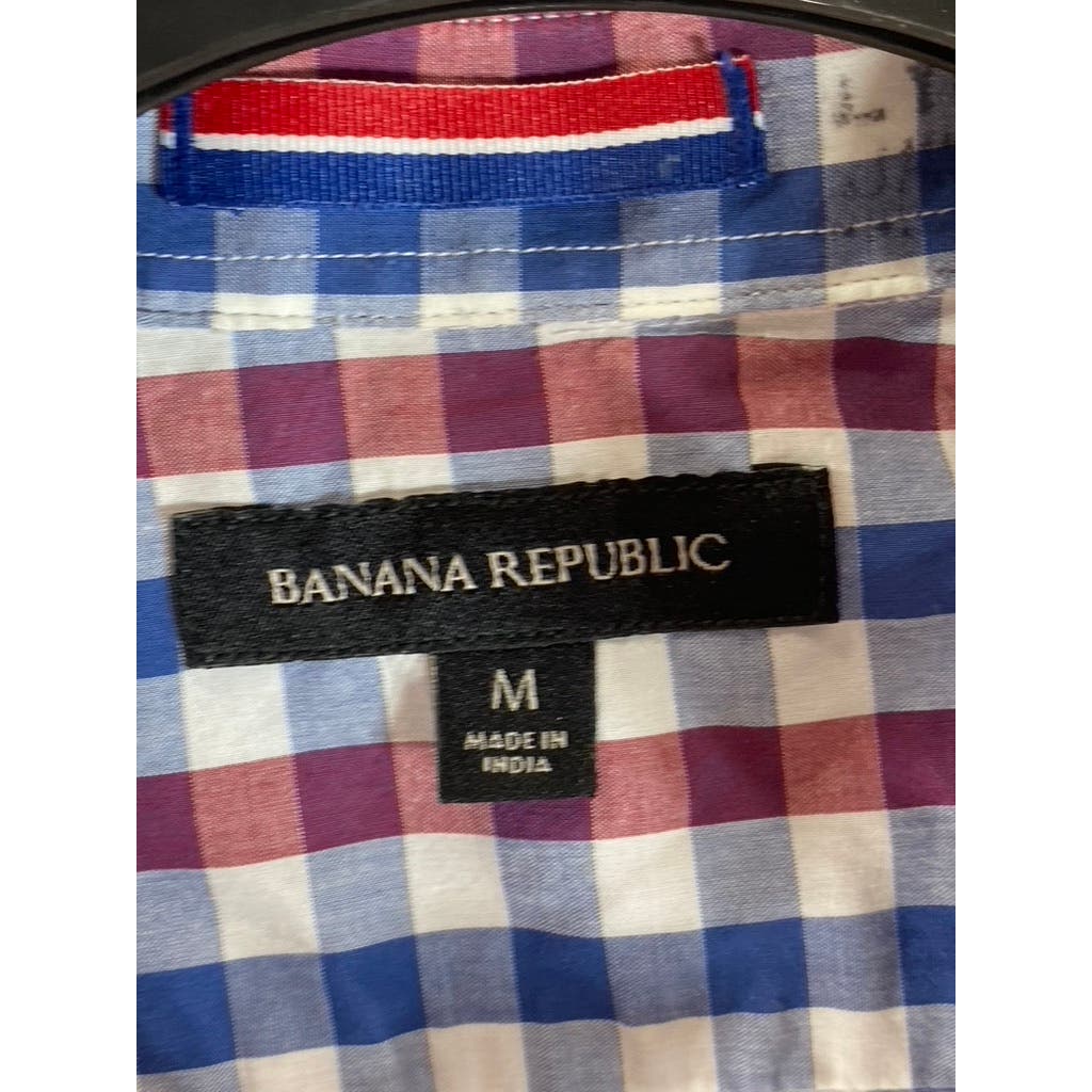 BANANA REPUBLIC Men's Blue/Red/White Checkered Button-Up Short Sleeve Shirt SZ M