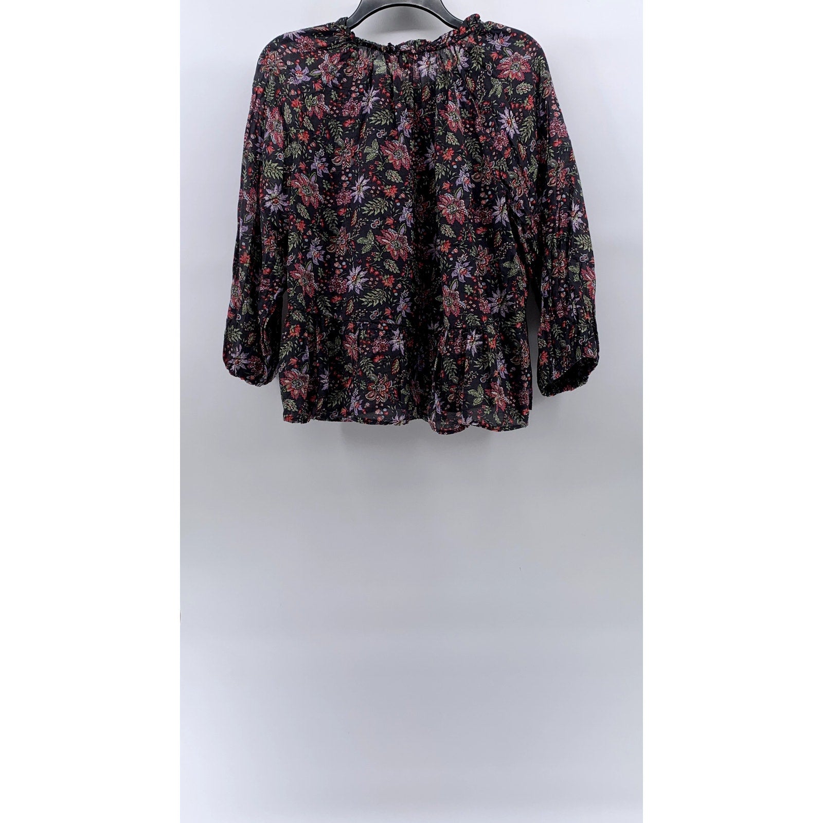 LOFT Women's Black Floral Print Ruffle-Hem Tie-Neck Long Sleeve Top SZ M