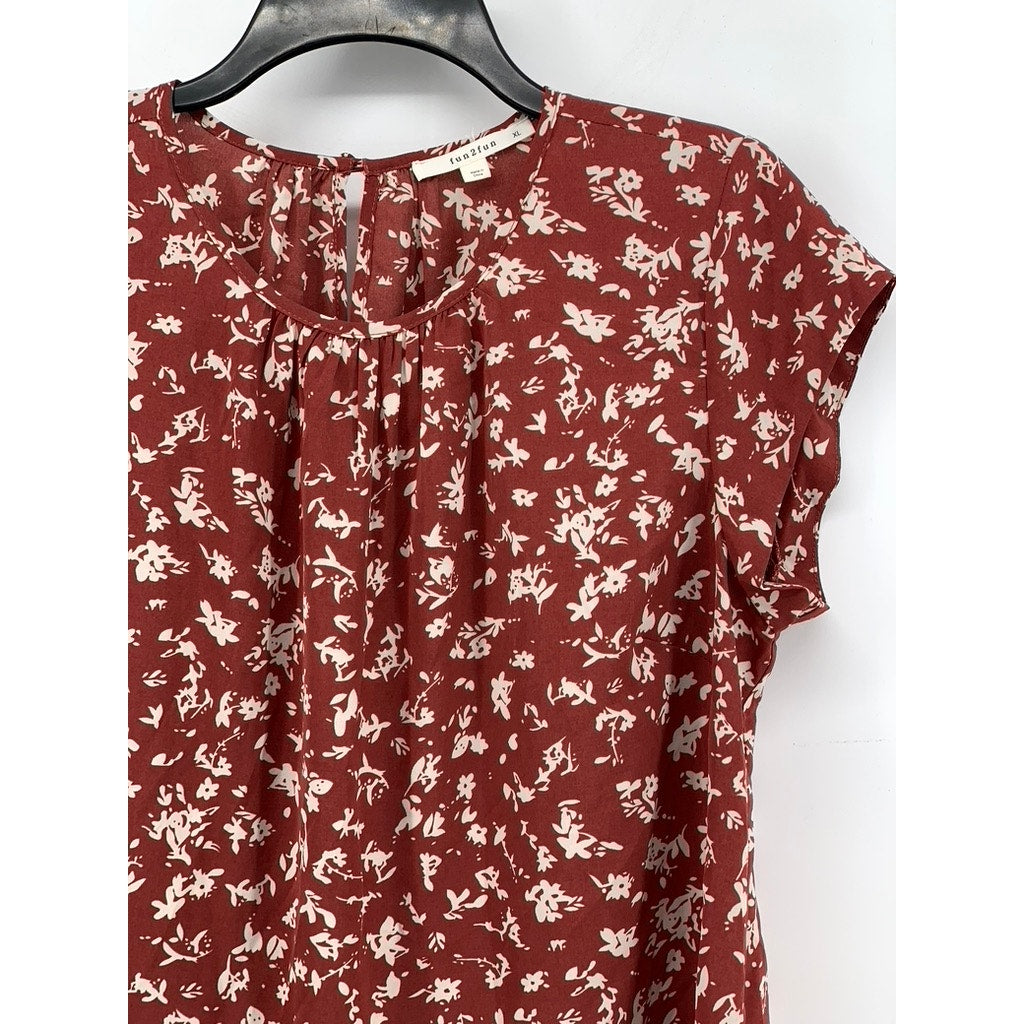 FUN 2 FUN Women's Burnt Orange Kaden Floral Pleated Short Sleeve Top SZ XL