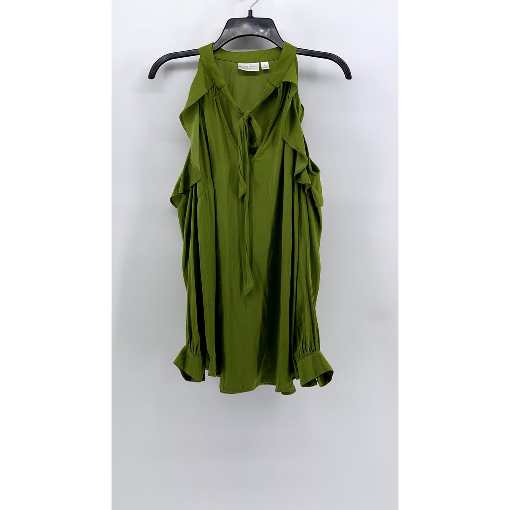 BISOU BISOU Women's Green Ruffle Tie-Neck Sleeveless Top SZ L