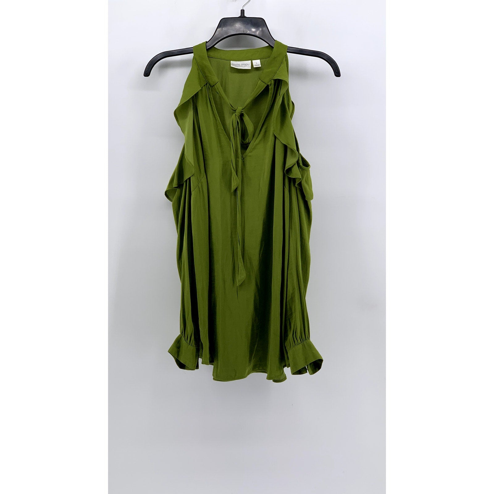 BISOU BISOU Women's Green Ruffle Tie-Neck Sleeveless Top SZ L
