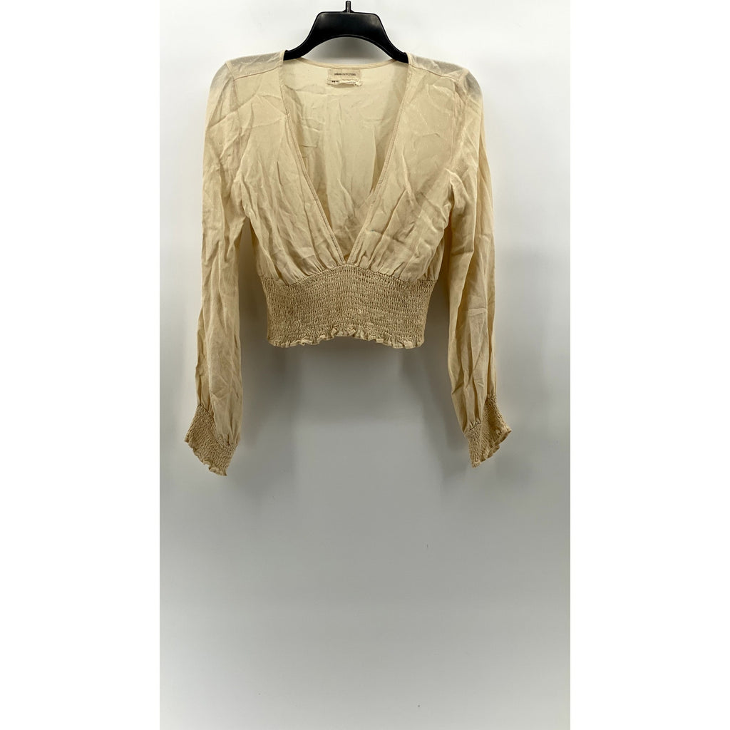URBAN OUTFITTERS Women's Beige Ruth V-Neck Smocked Long Sleeve Cropped Top SZ M
