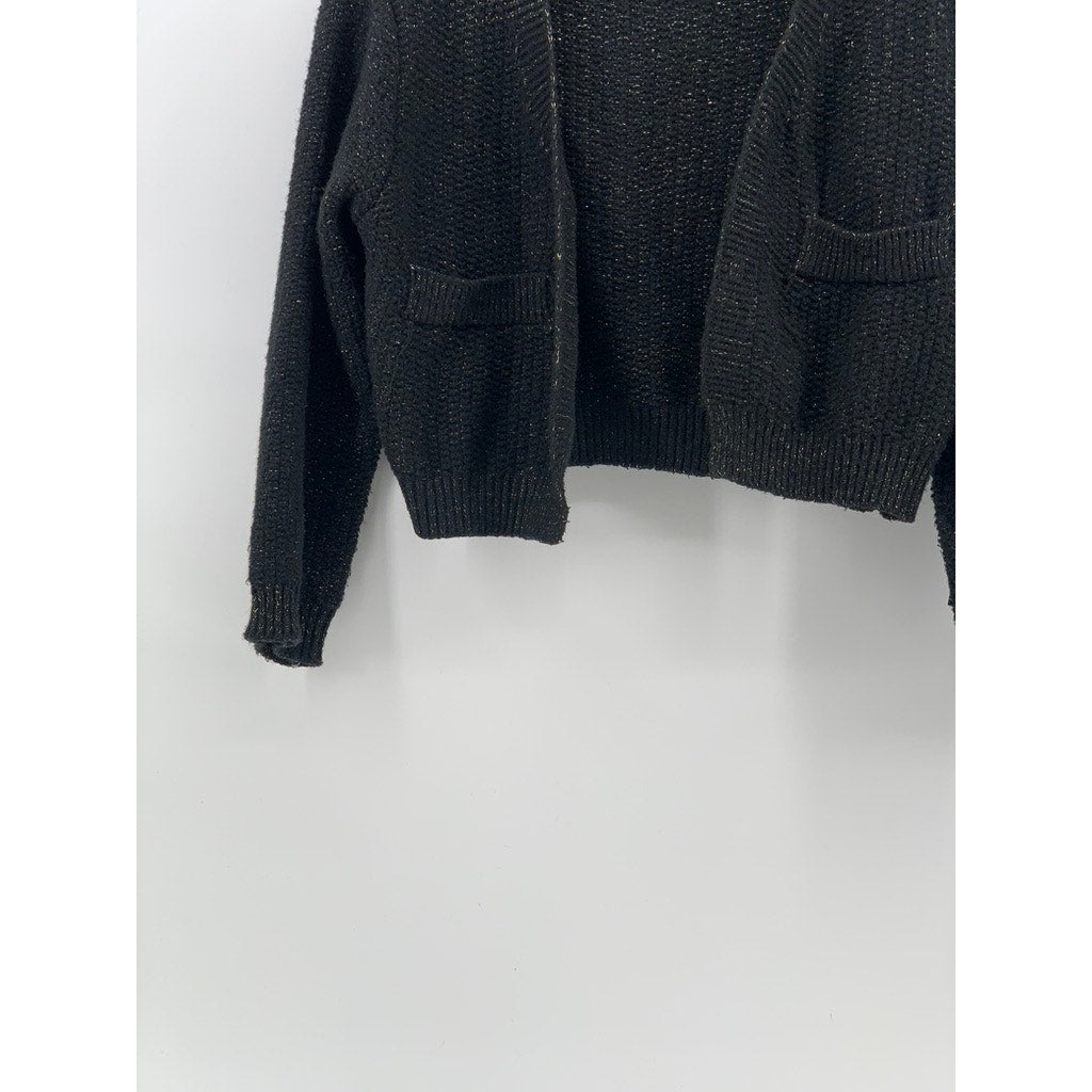 UNBRANDED Women's Black-Silver Button-Up Long Sleeve Knit Cropped Cardigan SZ S