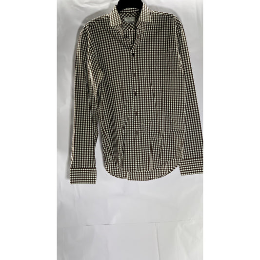 ZARA Men's Brown-White Gingham Print Slim-Fit Button-Up Long Sleeve Shirt SZ M