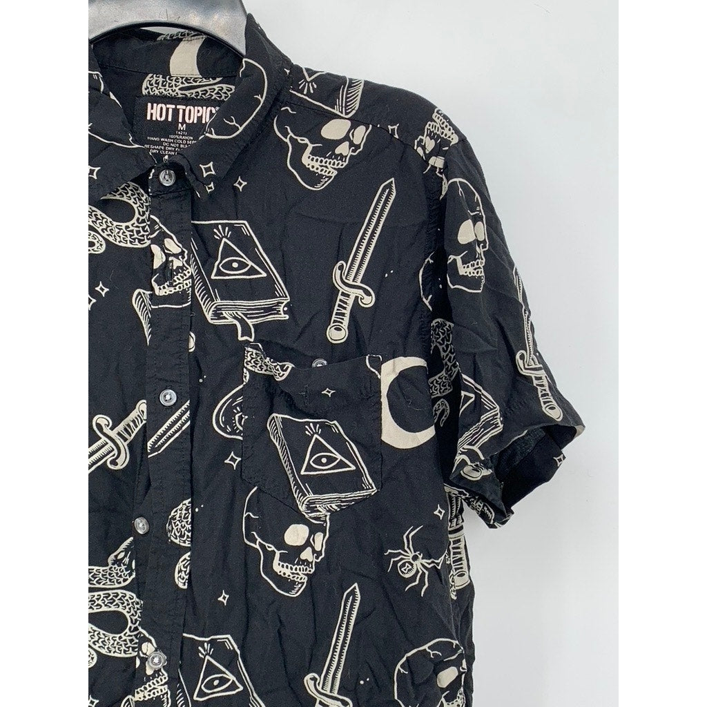 HOT TOPIC Men's Black-White Occult Print Button-Up Woven Short Sleeve Shirt SZ M