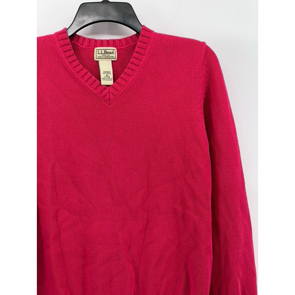 L.L.BEAN Women's Dark Pink Knit V-Neck Long Sleeve Pullover Cotton Sweater SZ S