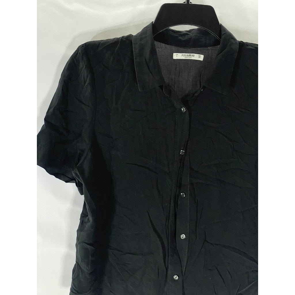 PULL & BEAR Women's Black Relaxed-Fit Button-Up Short Sleeve Cropped Top SZ L