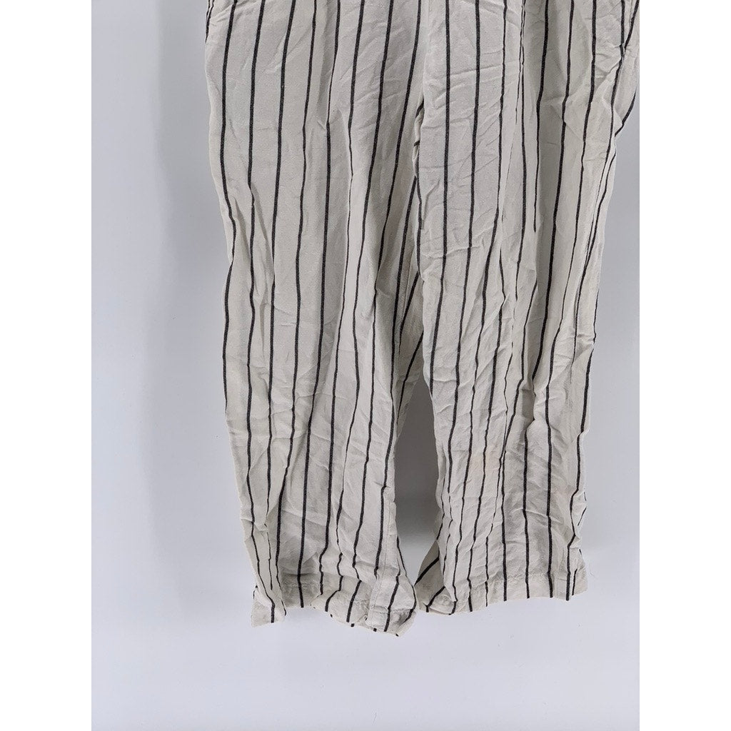 ANN TAYLOR LOFT Women's Petite Black-Cream Striped Linen-Blend Jumpsuit SZ XSP