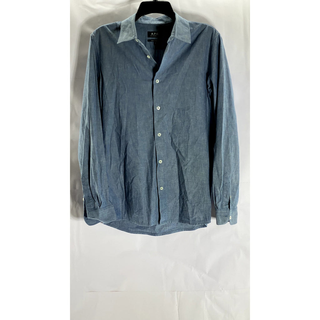 A.P.C. RUE MADAME PARIS Men's Blue Regular-Fit Button-Up long Sleeve Shirt SZ S