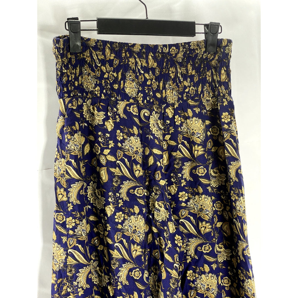 UNBRANDED Women's Navy/Beige Printed Smocked Waist Pull-On Wide-Leg Pant SZ S