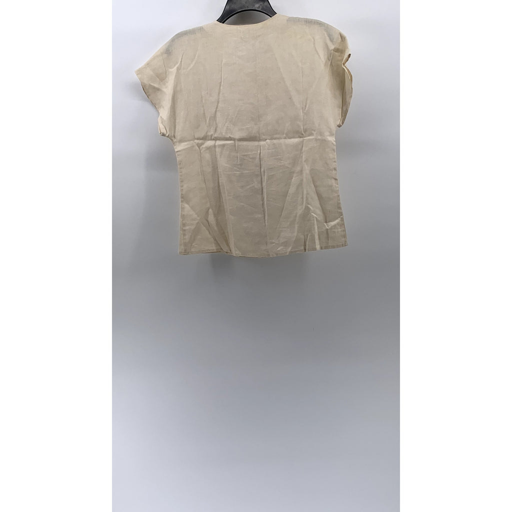 UNBRANDED Women's Beige Linen Short Sleeve Button-Up Top SZ 4