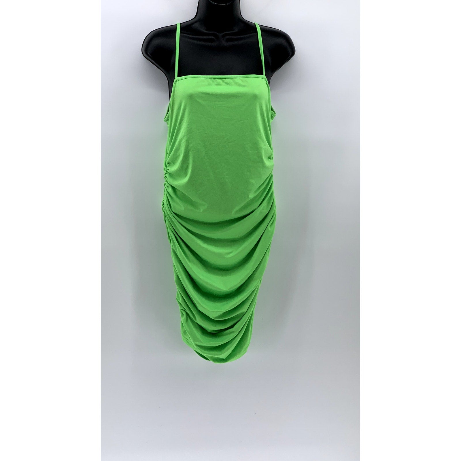 UNBRANDED Women's Lime Green Straight-Neck Ruched Bodycon Mini Dress SZ L