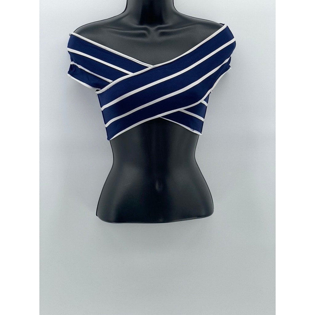 UNBRANDED Women's Navy Blue-White Striped Stretch Off-The-Shoulder Crop Top SZ S